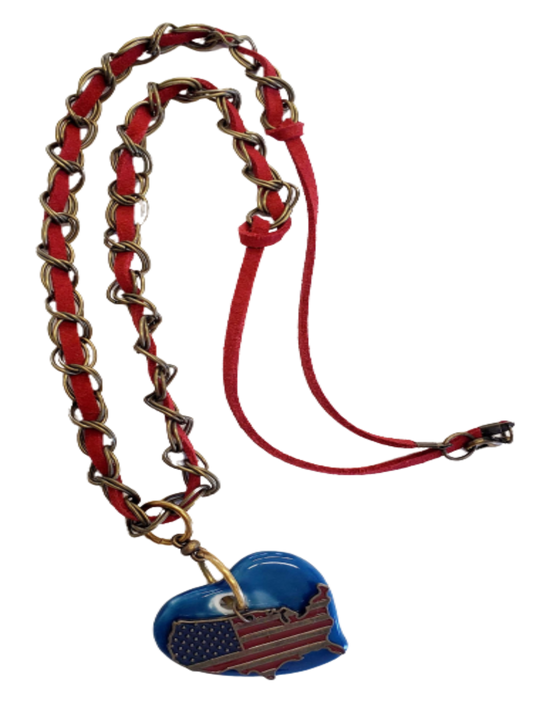 Red, White & Blue American Heart - Leather & Chain Necklace