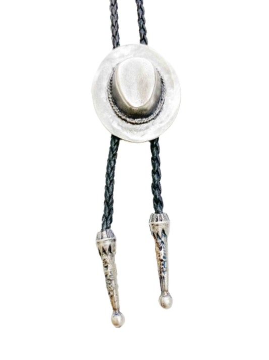 Silver Cowboy Hat Bolo - Cowhide Rope Necklace