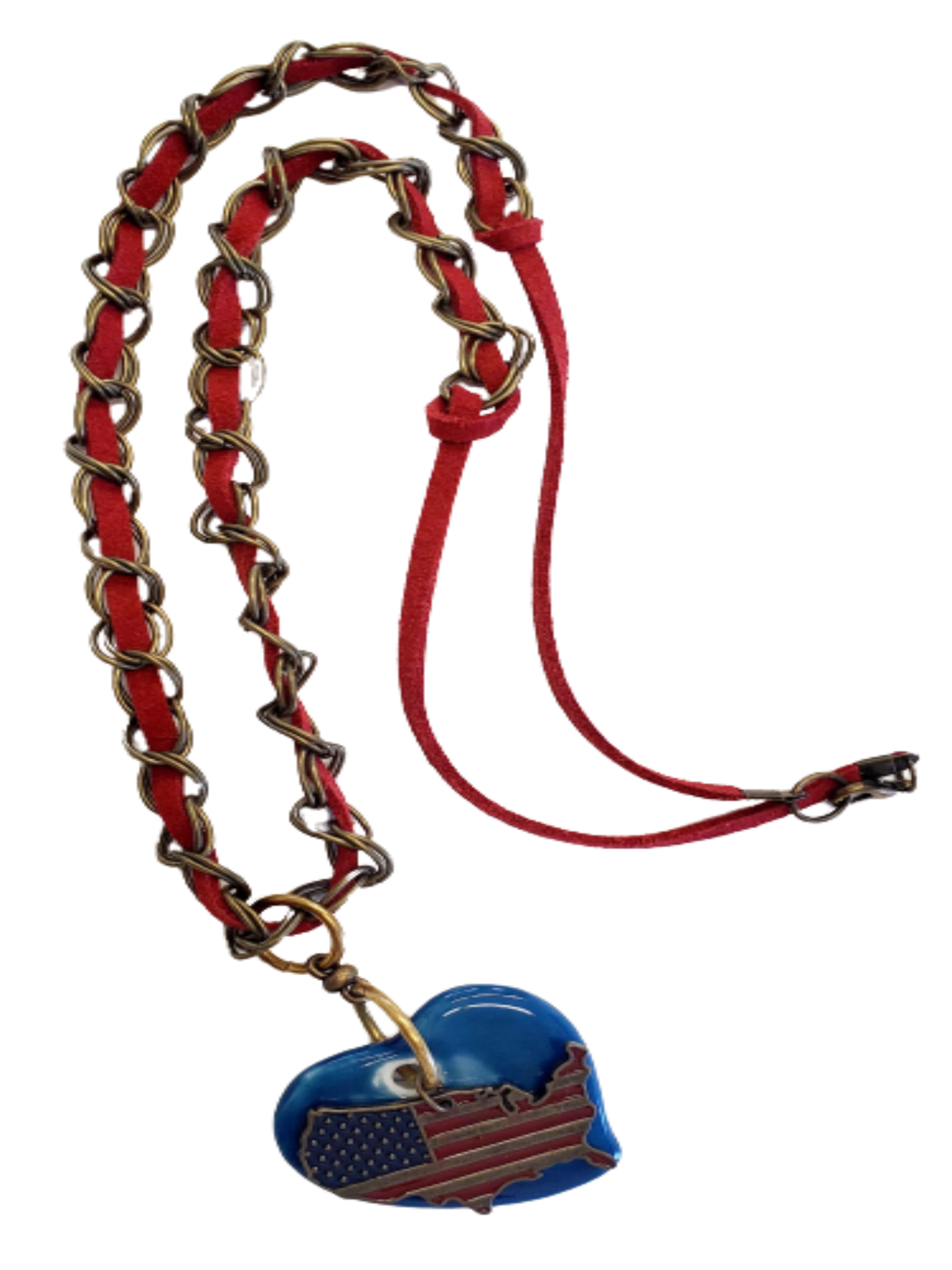 Red, White & Blue American Heart - Leather & Chain Necklace