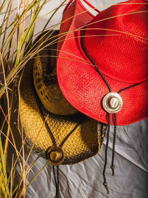Bronze Cowboy Hat Bolo - Cowhide Rope Necklace