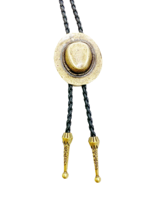 Bronze Cowboy Hat Bolo - Cowhide Rope Necklace