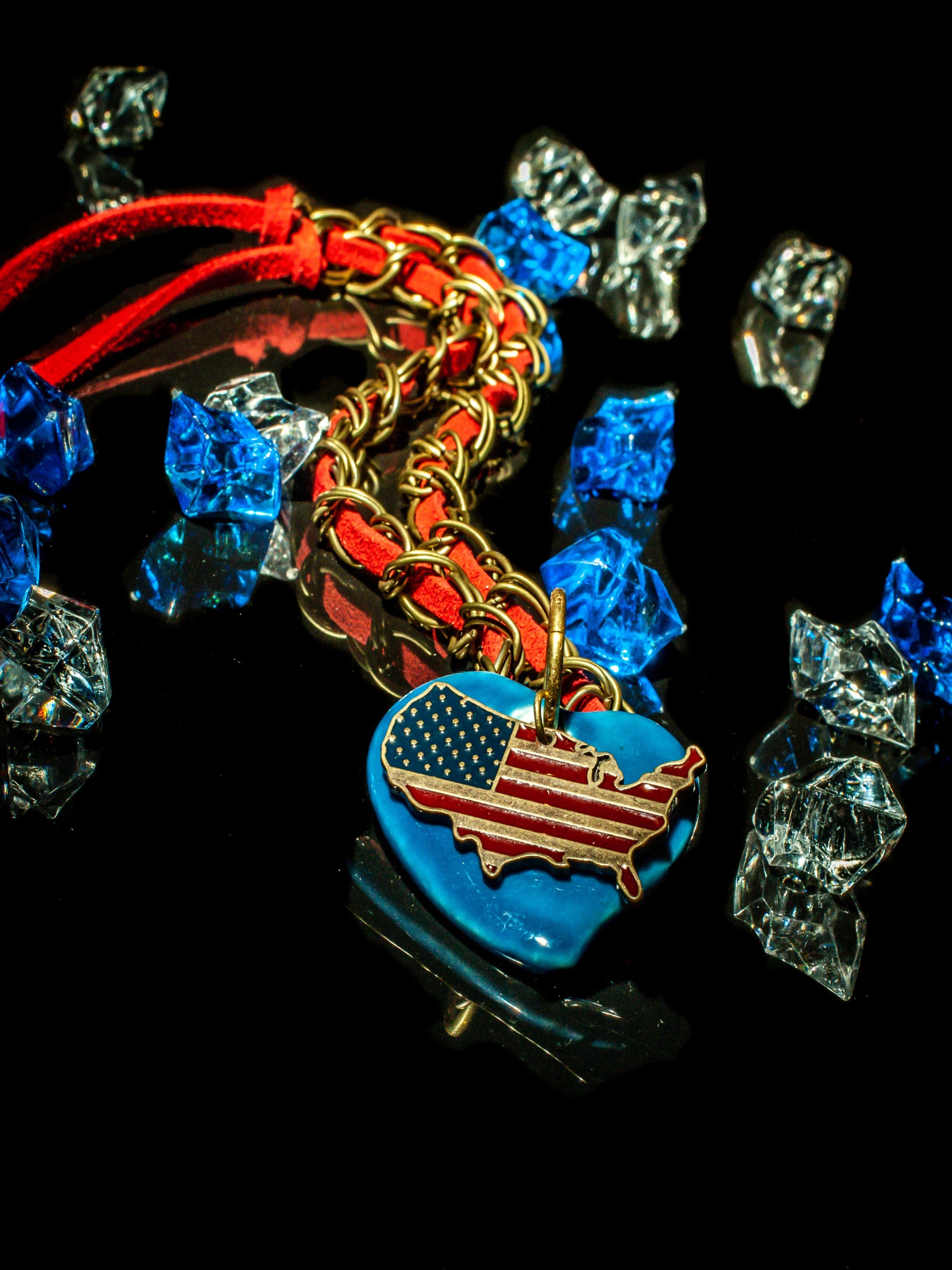 Red, White & Blue American Heart - Leather & Chain Necklace