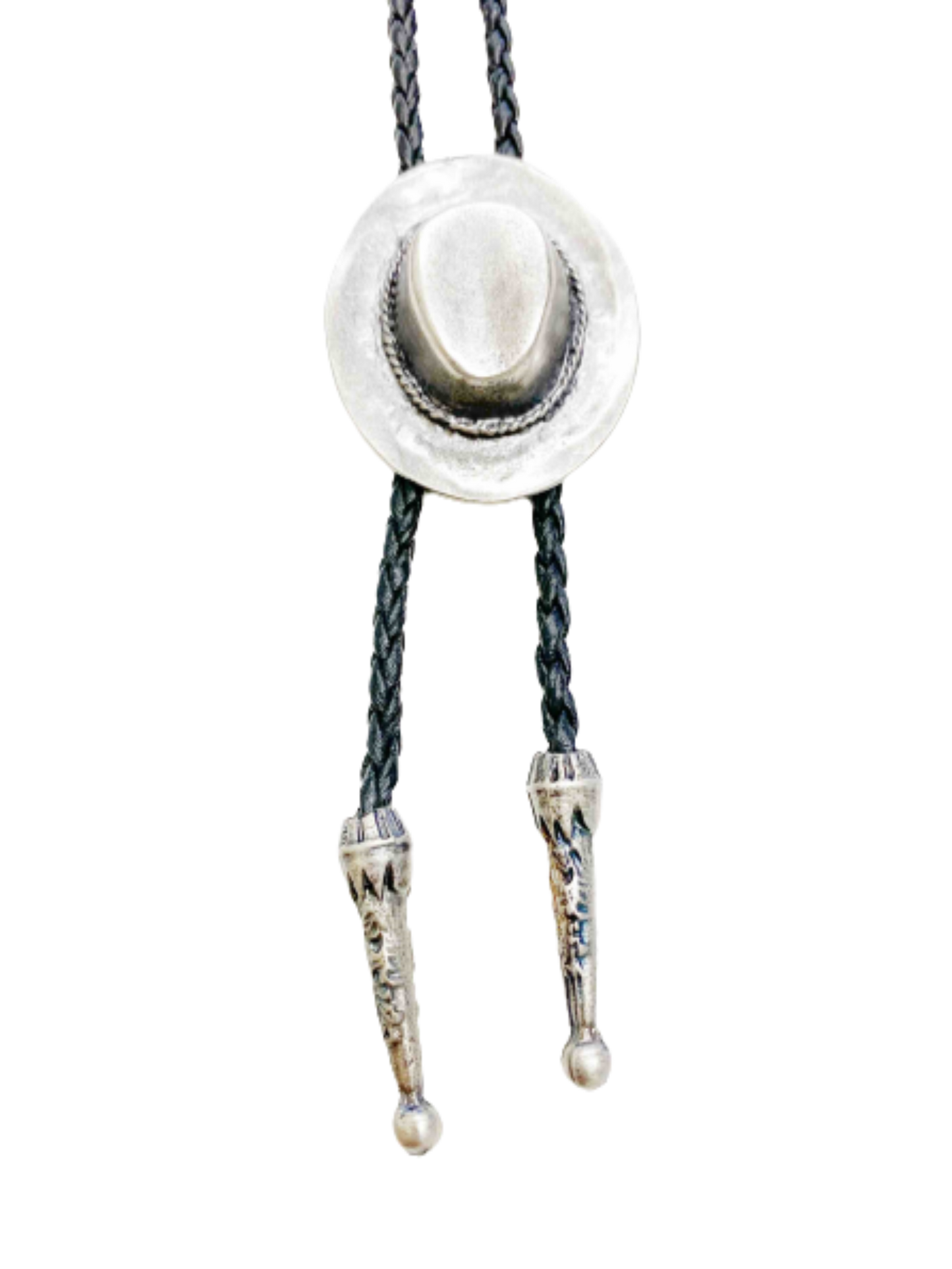 Silver Cowboy Hat Bolo - Cowhide Rope Necklace