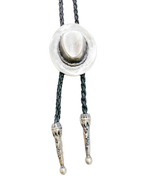 Silver Cowboy Hat Bolo - Cowhide Rope Necklace