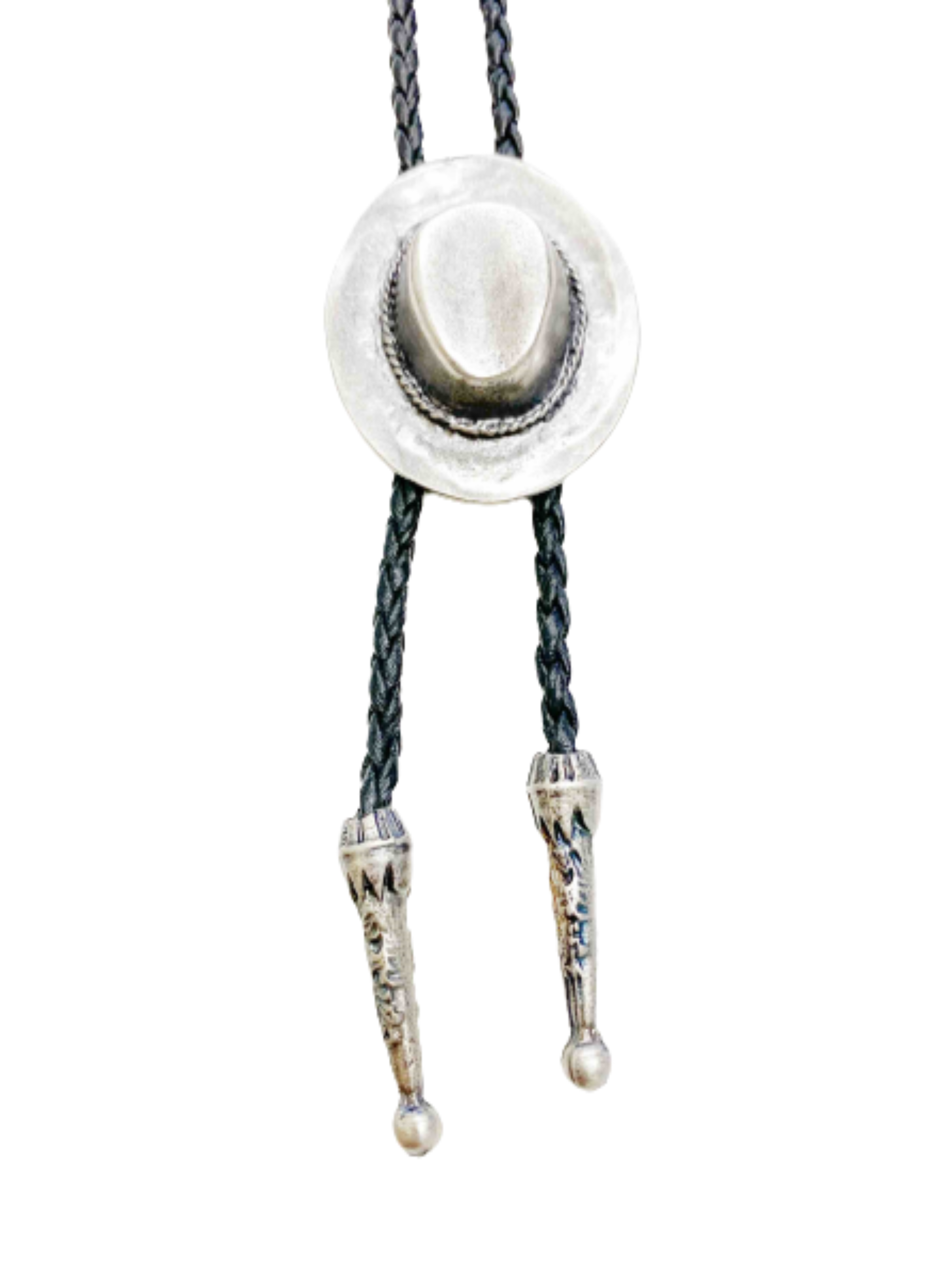Silver Cowboy Hat Bolo - Cowhide Rope Necklace